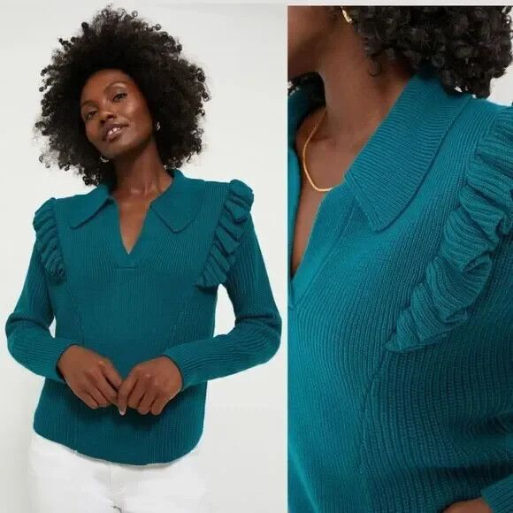 NEW Tuckernuck Hyacinth House Teal Ruffle Casey Collared V-Neck Sweater Size S - Picture 2 of 4